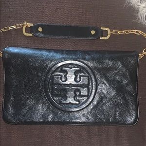 Tory Burch Reva fold-over black leather clutch